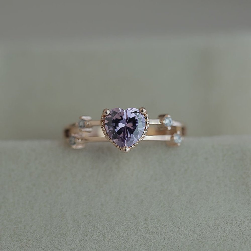 Sweet Heart Royal Purple Gemstone Zircon Double Layer Rings for Women, EVGG1474 - Picture 2 of 7